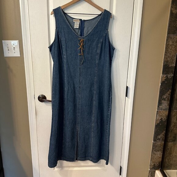 Expressions 1X 1XL VTG Y2K 90s Denim Maxi Dress Suede Leather Lace Up Slit Boho - Picture 1 of 9